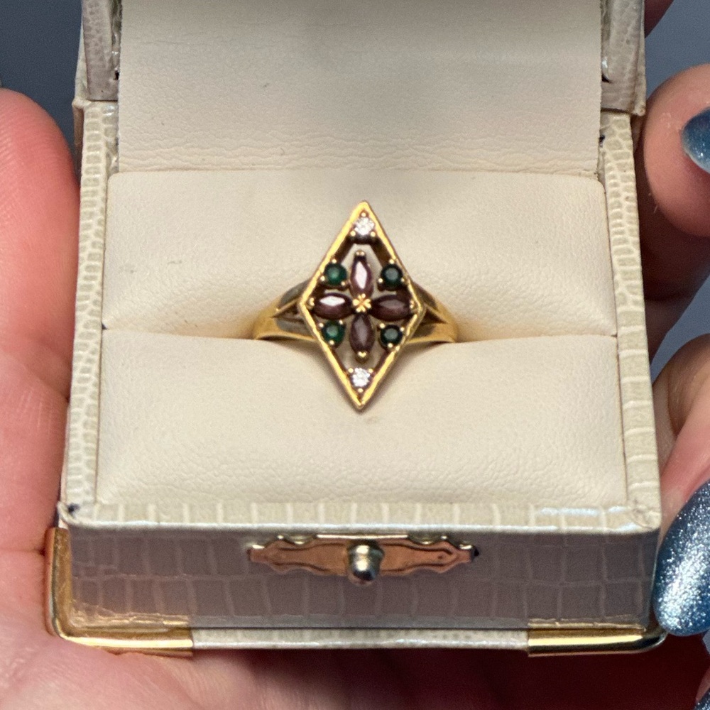 Custom Solid 22k Gold Ring with genuine diamond, emerald, & amethyst Size 4